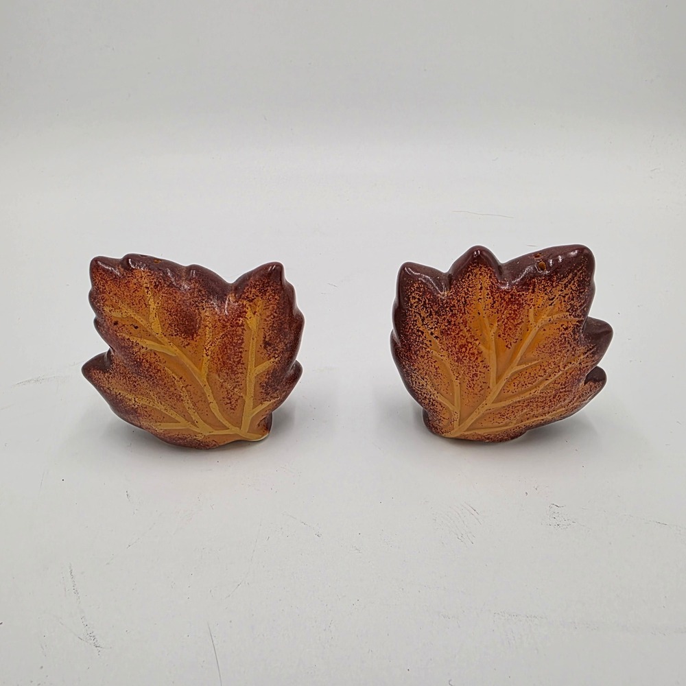 Autumn Maple Leaf Salt and Pepper Shakers Set Brown Orange Ceramic Fall Decor - Picture 2 of 5